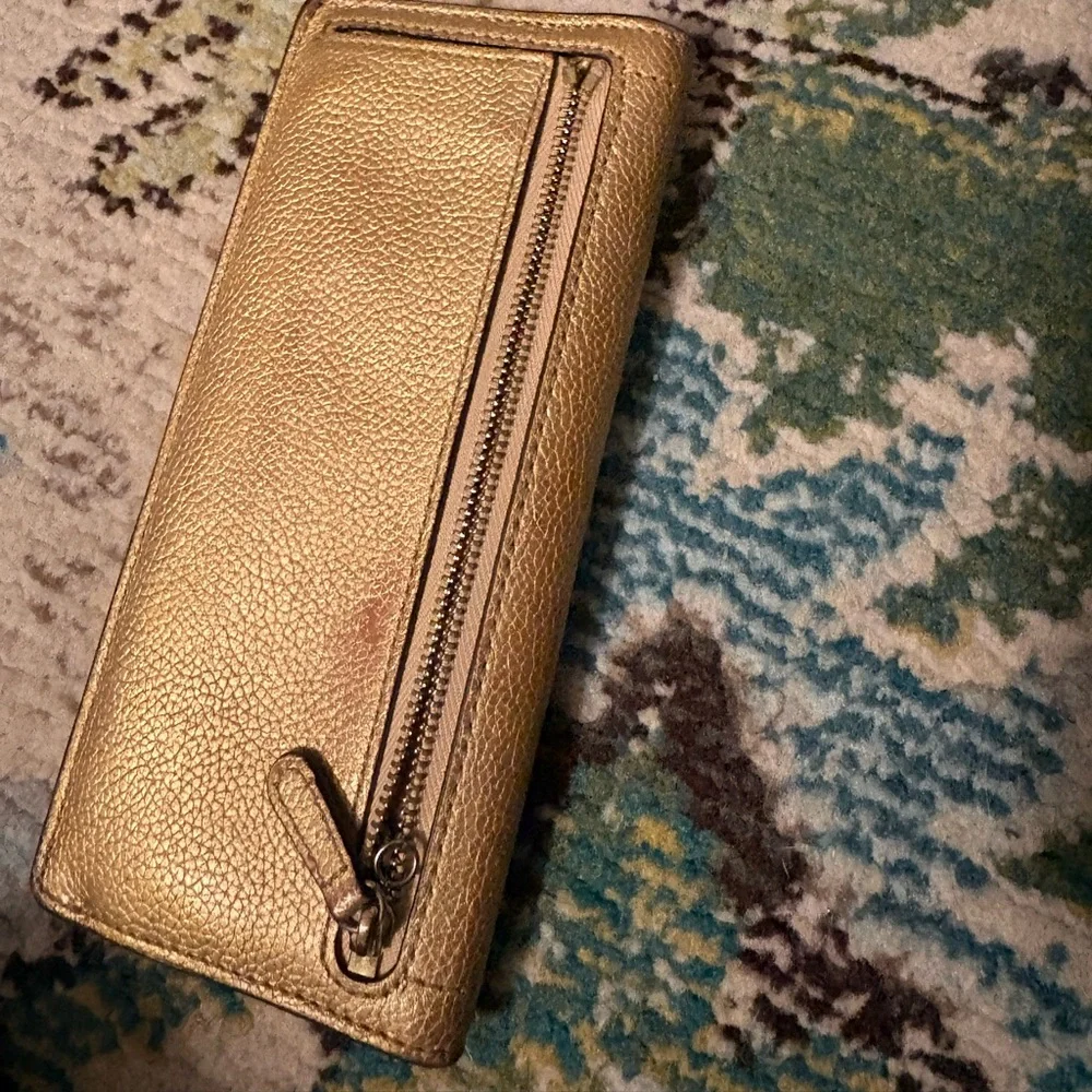 Michael Kors Gold Metallic‎ Leather Wallet Clutch Flap Snap Long Wallet